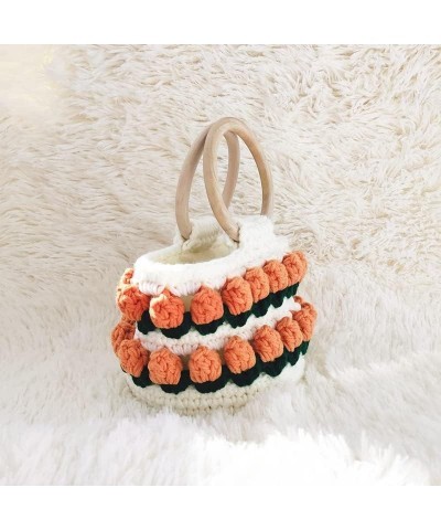 Cute Cotton Thread Woven Bag for Winter, Kawaii Flower Hand-woven Top-handle for Women Girls, Fuzzy Plush Bucket Handbag Yell...