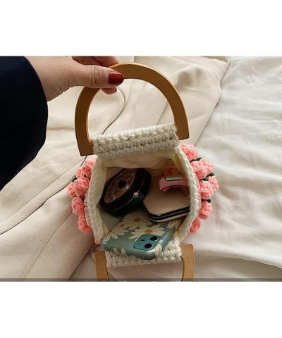 Cute Cotton Thread Woven Bag for Winter, Kawaii Flower Hand-woven Top-handle for Women Girls, Fuzzy Plush Bucket Handbag Yell...