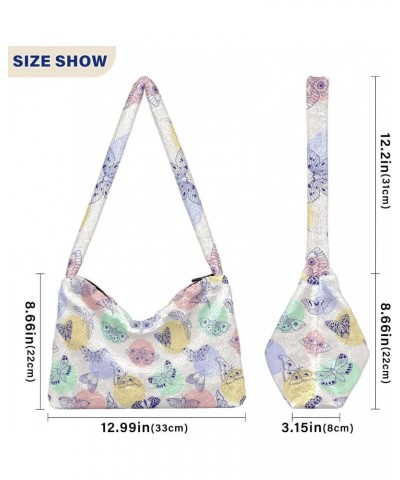 Butterflies Furry Tote Bag for Women Crossbody Bag Shoulder Purse Puffer Bag with Zipper for Women Work $10.91 Totes