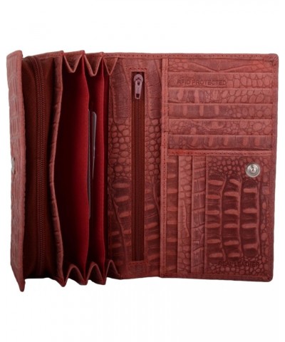 Womens Large Matinee Style RFID Protected Purse with Crocodile Design - Dark Red $16.82 Wallets