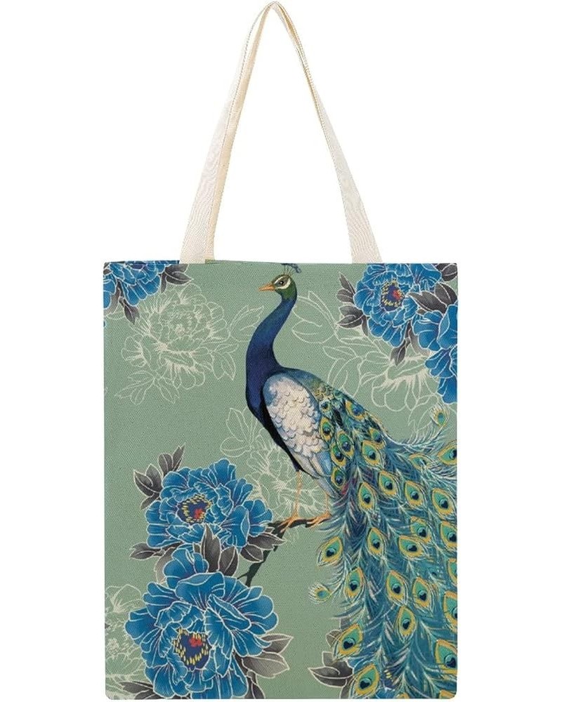 Canvas Tote Bag, Flower Retro Peacock Shopping Bag with Zipper & Handle for School Travel, Reusable Shopping Grocery Bags Sty...