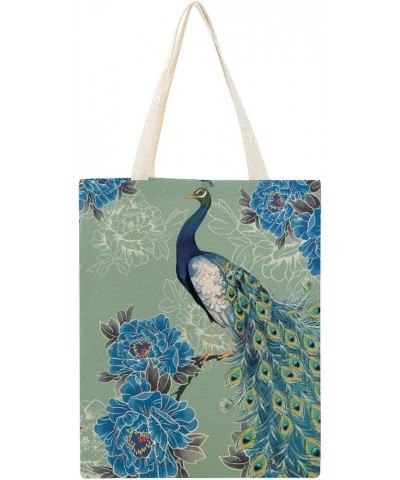 Canvas Tote Bag, Flower Retro Peacock Shopping Bag with Zipper & Handle for School Travel, Reusable Shopping Grocery Bags Sty...