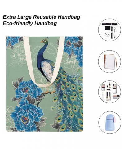 Canvas Tote Bag, Flower Retro Peacock Shopping Bag with Zipper & Handle for School Travel, Reusable Shopping Grocery Bags Sty...