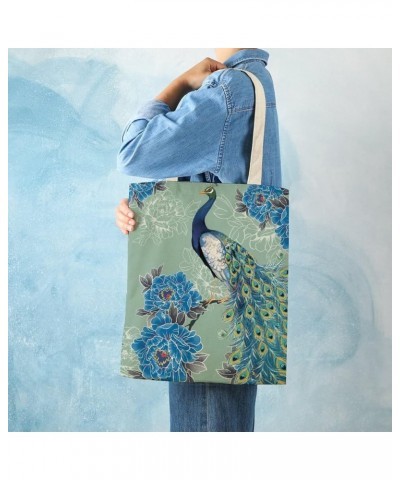 Canvas Tote Bag, Flower Retro Peacock Shopping Bag with Zipper & Handle for School Travel, Reusable Shopping Grocery Bags Sty...