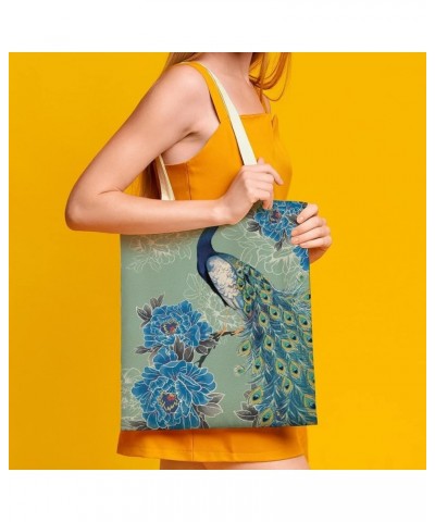 Canvas Tote Bag, Flower Retro Peacock Shopping Bag with Zipper & Handle for School Travel, Reusable Shopping Grocery Bags Sty...