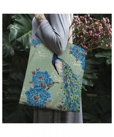 Canvas Tote Bag, Flower Retro Peacock Shopping Bag with Zipper & Handle for School Travel, Reusable Shopping Grocery Bags Sty...