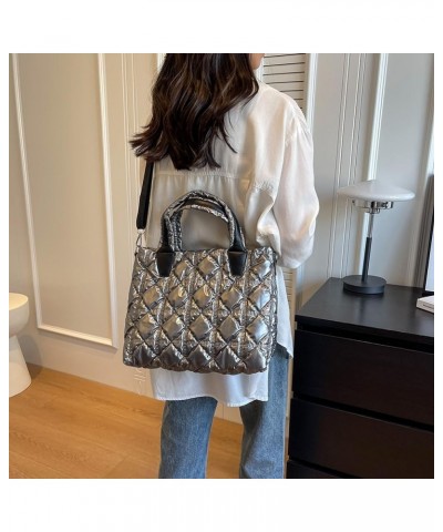 Women Puffer Shoulr Bag Lar ity Quilted Tote Bag Litweit Padding Shoulr Bag Grey $10.41 Totes