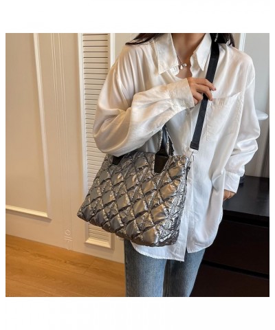 Women Puffer Shoulr Bag Lar ity Quilted Tote Bag Litweit Padding Shoulr Bag Grey $10.41 Totes