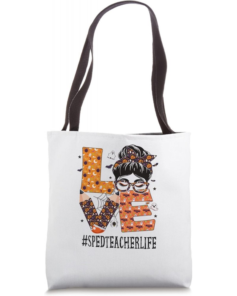 Sped Teacher Love Messy Bun Pumpkin Women Halloween Costume Tote Bag $15.36 Totes