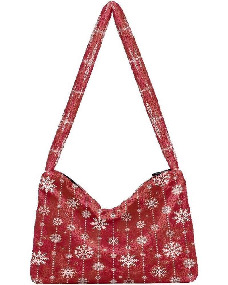 Folk Art Christmas Single Shoulder Purses, Fuzzy Tote Womens Hobo Handbags Snowflakes Christmas New $8.40 Hobo Bags