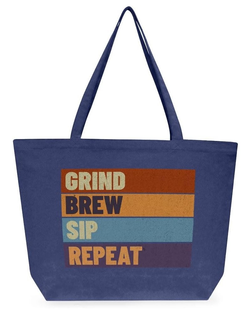 Grind Brew Sip Repeat Cotton Tote Bag - Items for Coffee Lovers - Items for Baristas Washed Navy $19.60 Totes