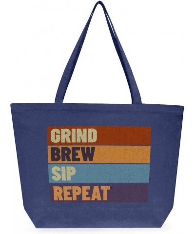 Grind Brew Sip Repeat Cotton Tote Bag - Items for Coffee Lovers - Items for Baristas Washed Navy $19.60 Totes