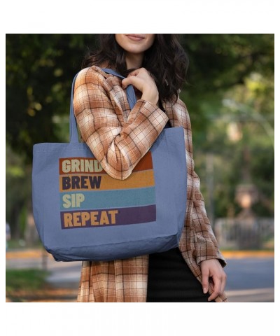 Grind Brew Sip Repeat Cotton Tote Bag - Items for Coffee Lovers - Items for Baristas Washed Navy $19.60 Totes