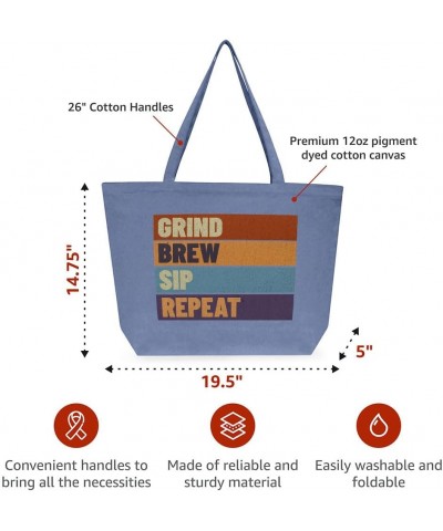 Grind Brew Sip Repeat Cotton Tote Bag - Items for Coffee Lovers - Items for Baristas Washed Navy $19.60 Totes