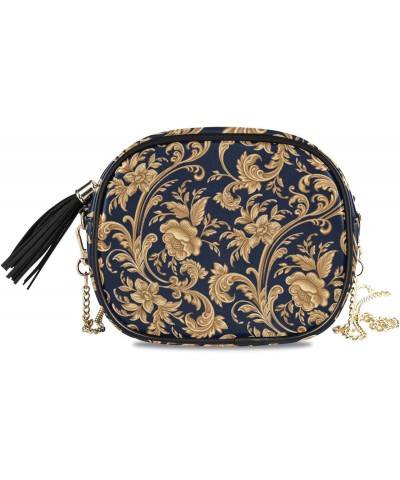 Small Crossbody Bag Golden Floral Element Womens Shoulder Chain Bag PU Leather Small Purse With Tassel $12.71 Shoulder Bags