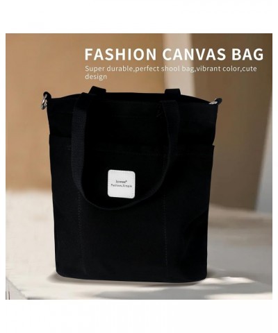 Canvas Tote Bag with Zipper Multi Pockets Tote Purse for Women Fashion Crossbody Tote Shoulder Bag Handbag Everyday Bag Black...