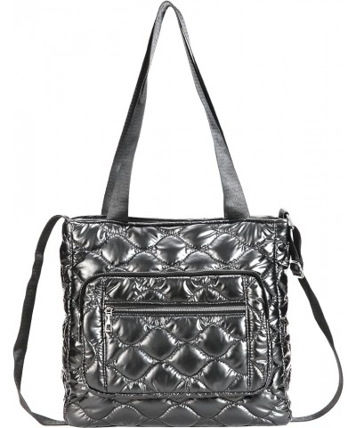 Quilted Shoulder Bag Lightweight Fashion Puffer Tote Bag Down Satchel Hobo Bag Silver- S $16.45 Totes