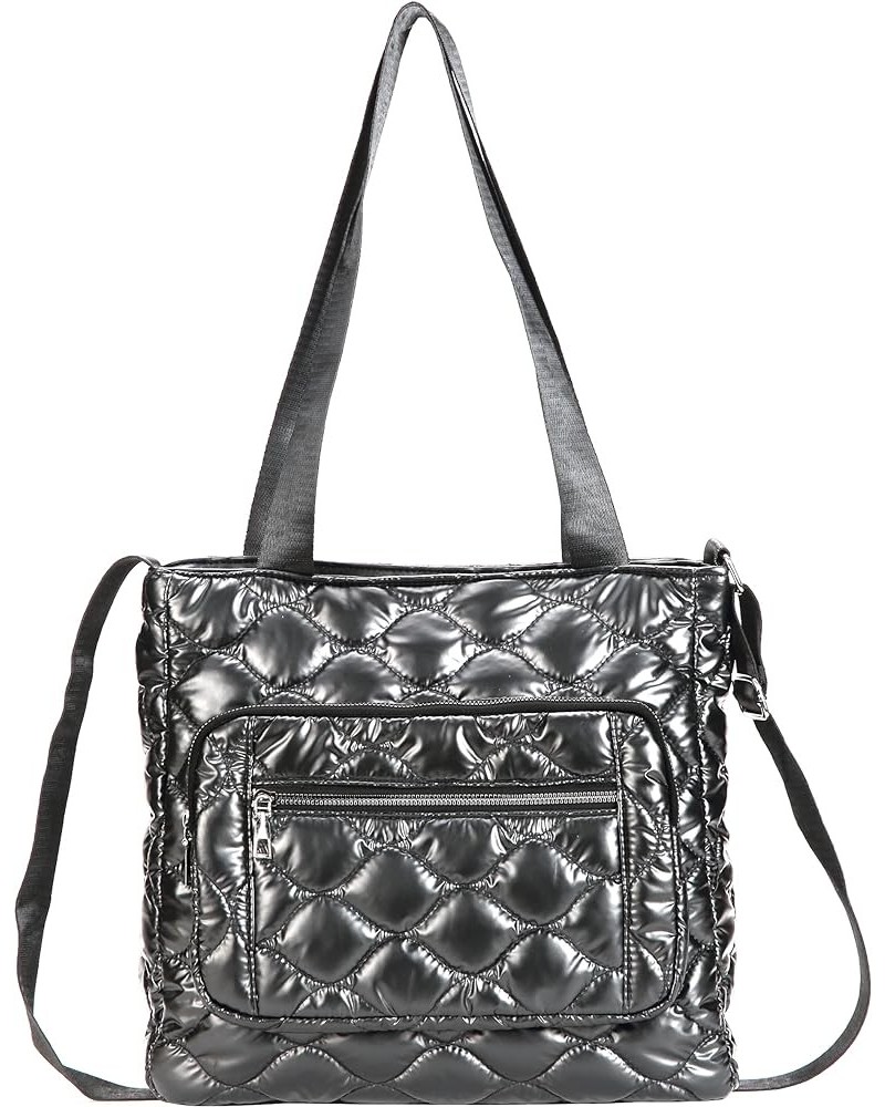 Quilted Shoulder Bag Lightweight Fashion Puffer Tote Bag Down Satchel Hobo Bag Silver- S $16.45 Totes