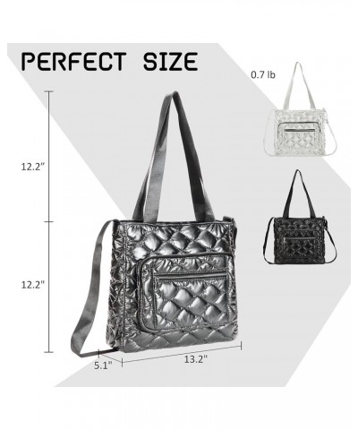 Quilted Shoulder Bag Lightweight Fashion Puffer Tote Bag Down Satchel Hobo Bag Silver- S $16.45 Totes