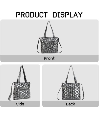 Quilted Shoulder Bag Lightweight Fashion Puffer Tote Bag Down Satchel Hobo Bag Silver- S $16.45 Totes