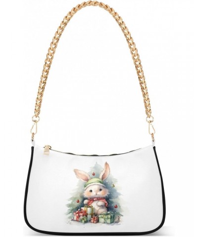 Christmas Bunny with Gifts Clutch Shoulder Bag for Women, Hobo Tote Handbag with Gold Chain, Crossbody Bag with Zipper Closur...