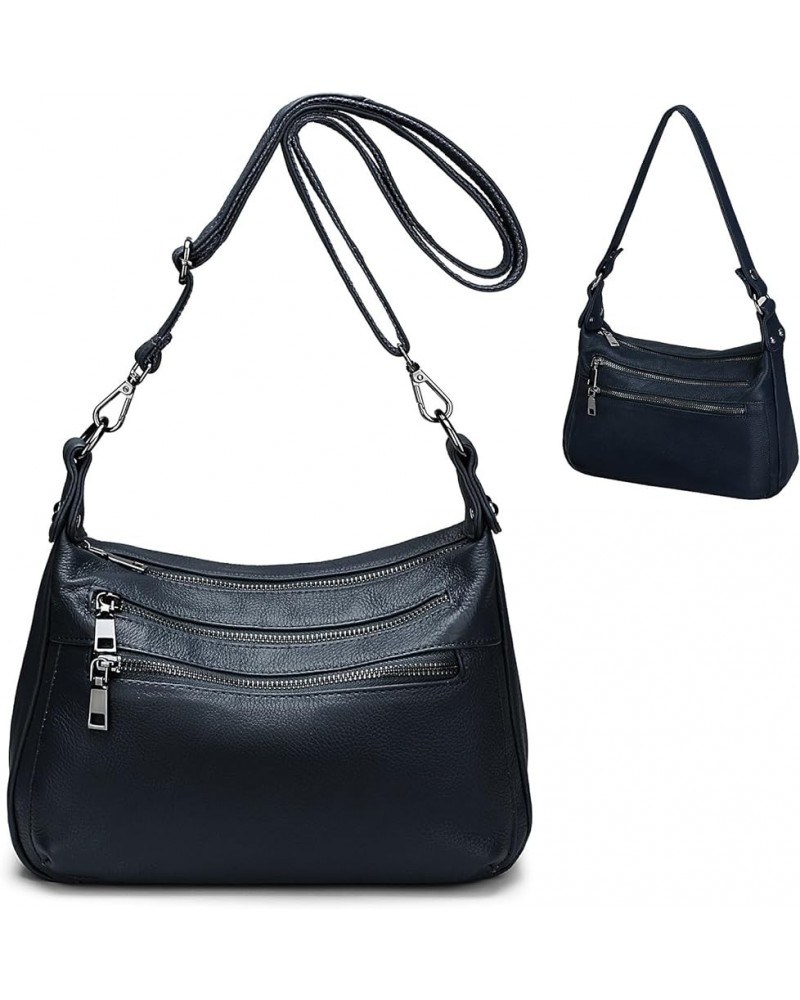 Genuine Leather Shoulder Bag Medium Size Handbag Purse Multi Zip Pockets Crossbody Bags for Women Dark Blue a $23.65 Hobo Bags