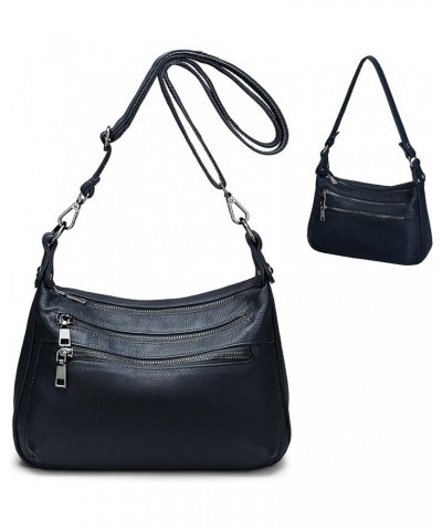 Genuine Leather Shoulder Bag Medium Size Handbag Purse Multi Zip Pockets Crossbody Bags for Women Dark Blue a $23.65 Hobo Bags