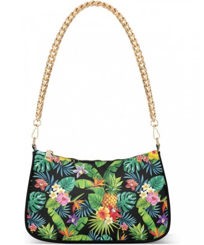 Women Chain Shoulder Purse Bag With Zipper Tropical Pineapple Summer Print, Palm Leaf Hibiscus Hobo Tote Clutch Handbags with...