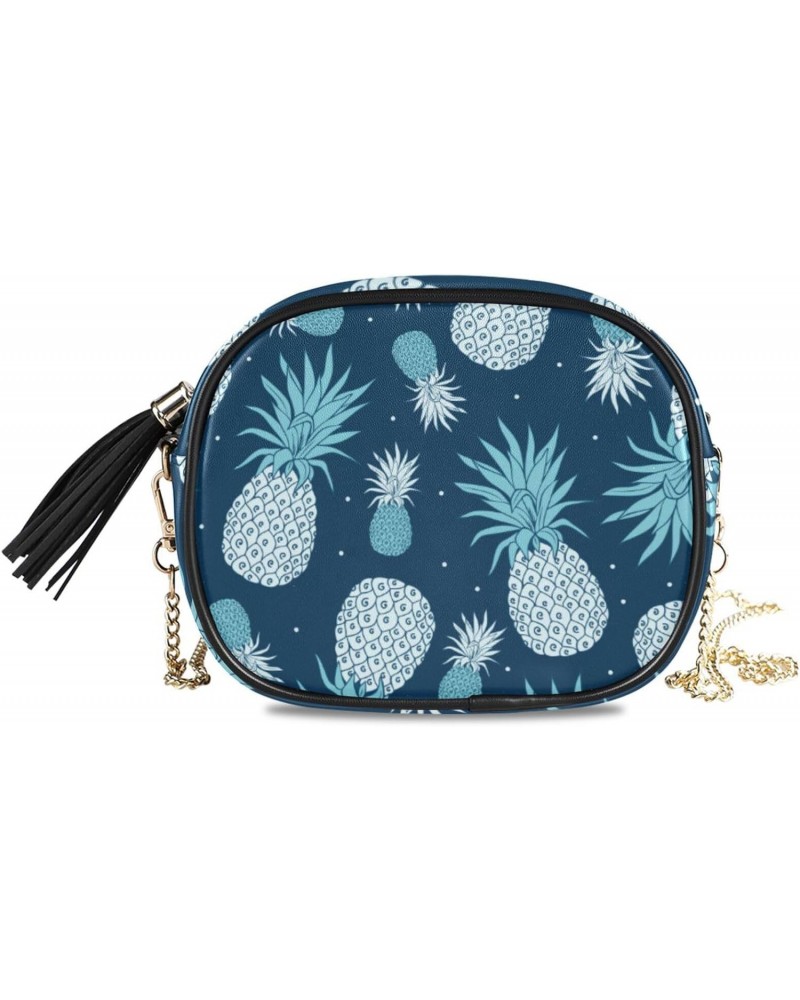 Small Crossbody Bag Vintage Blue Pineapple Fruits Womens Shoulder Chain Bag PU Leather Small Purse With Tassel $14.39 Shoulde...