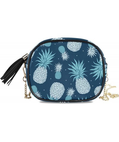 Small Crossbody Bag Vintage Blue Pineapple Fruits Womens Shoulder Chain Bag PU Leather Small Purse With Tassel $14.39 Shoulde...