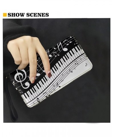 Black & White Stripes Flowers Print Wallet for Women Zipper Credit Card Holder Purse Clutch Long Pu Leather Cash Bag with Wri...