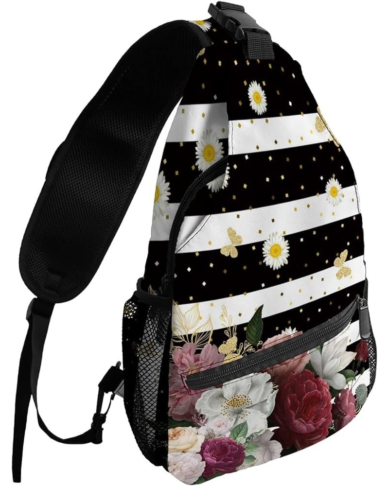 Sling Backpack, Black and White Stripe with Pink Flower Waterproof Lightweight Small Sling Bag, Travel Chest Bag Crossbody Sh...