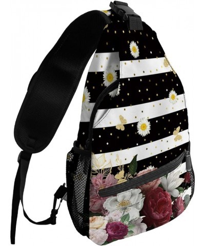 Sling Backpack, Black and White Stripe with Pink Flower Waterproof Lightweight Small Sling Bag, Travel Chest Bag Crossbody Sh...