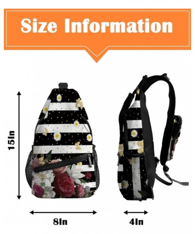 Sling Backpack, Black and White Stripe with Pink Flower Waterproof Lightweight Small Sling Bag, Travel Chest Bag Crossbody Sh...