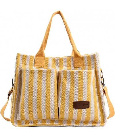 Canvas Tote Bag for Women Multi-pocket Casual Purses Handbags Striped Shoulder Tote Bags Satchel Travel Everything Bag Yellow...