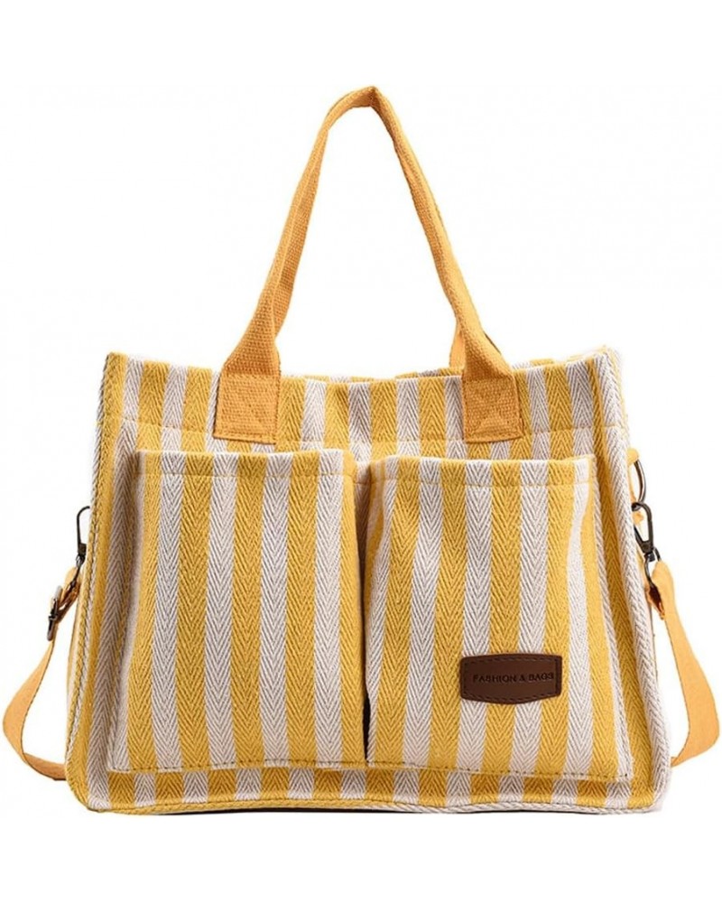 Canvas Tote Bag for Women Multi-pocket Casual Purses Handbags Striped Shoulder Tote Bags Satchel Travel Everything Bag Yellow...