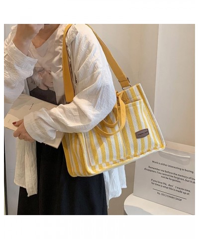 Canvas Tote Bag for Women Multi-pocket Casual Purses Handbags Striped Shoulder Tote Bags Satchel Travel Everything Bag Yellow...