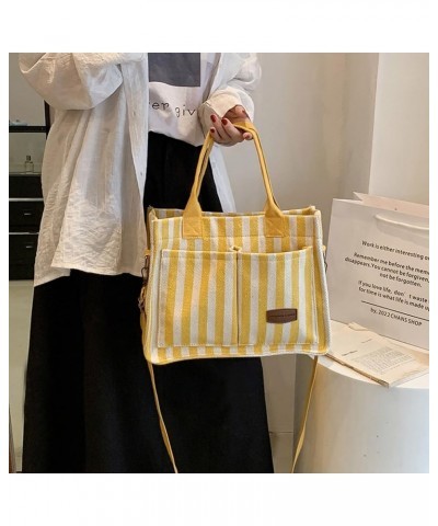 Canvas Tote Bag for Women Multi-pocket Casual Purses Handbags Striped Shoulder Tote Bags Satchel Travel Everything Bag Yellow...