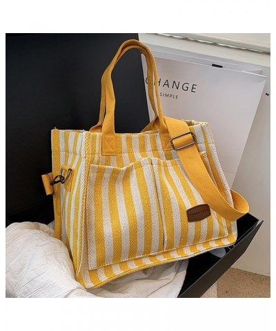 Canvas Tote Bag for Women Multi-pocket Casual Purses Handbags Striped Shoulder Tote Bags Satchel Travel Everything Bag Yellow...