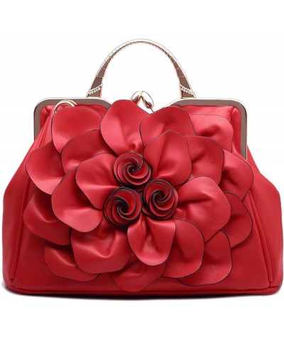 Designer Ladie 3D Flowers Handbags and Purse Women Leather Kiss-Lock Tote Shoulder Bag Flora Dating Crossbody Satchel Red $27...