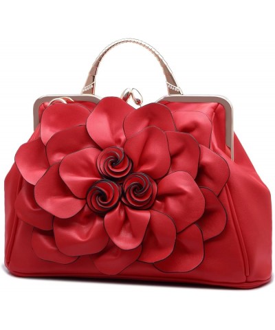 Designer Ladie 3D Flowers Handbags and Purse Women Leather Kiss-Lock Tote Shoulder Bag Flora Dating Crossbody Satchel Red $27...