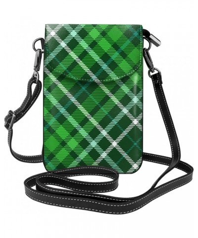 Green Plaid Check Pattern Women Leather Crossbody Cell Phone Purse Wallet Smartphone Shoulder Bag $14.95 Crossbody Bags