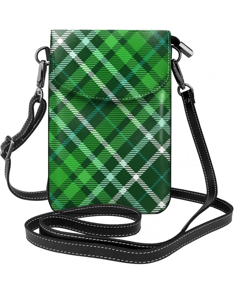 Green Plaid Check Pattern Women Leather Crossbody Cell Phone Purse Wallet Smartphone Shoulder Bag $14.95 Crossbody Bags