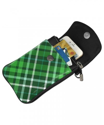 Green Plaid Check Pattern Women Leather Crossbody Cell Phone Purse Wallet Smartphone Shoulder Bag $14.95 Crossbody Bags