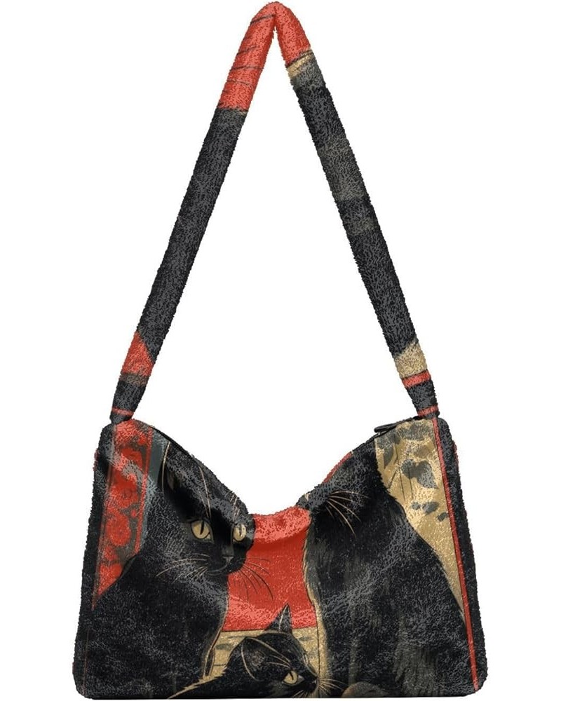 Decoration Drawing Black Cat Women's Shoulder Bag, Tote Bag with Zipper Closure, Shoulder Bags for Women Retro Red Abstract B...