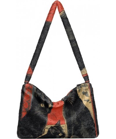 Decoration Drawing Black Cat Women's Shoulder Bag, Tote Bag with Zipper Closure, Shoulder Bags for Women Retro Red Abstract B...