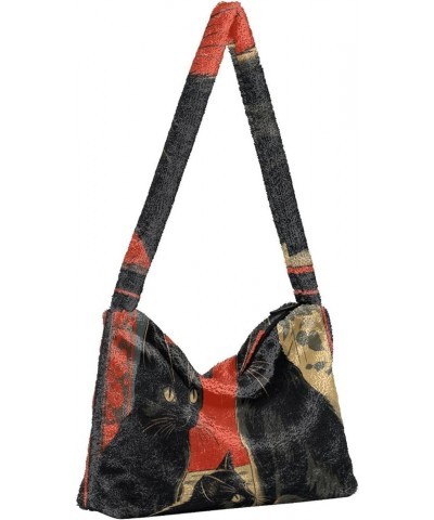 Decoration Drawing Black Cat Women's Shoulder Bag, Tote Bag with Zipper Closure, Shoulder Bags for Women Retro Red Abstract B...