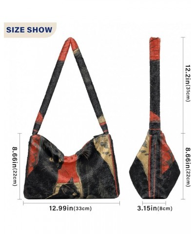 Decoration Drawing Black Cat Women's Shoulder Bag, Tote Bag with Zipper Closure, Shoulder Bags for Women Retro Red Abstract B...