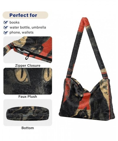 Decoration Drawing Black Cat Women's Shoulder Bag, Tote Bag with Zipper Closure, Shoulder Bags for Women Retro Red Abstract B...