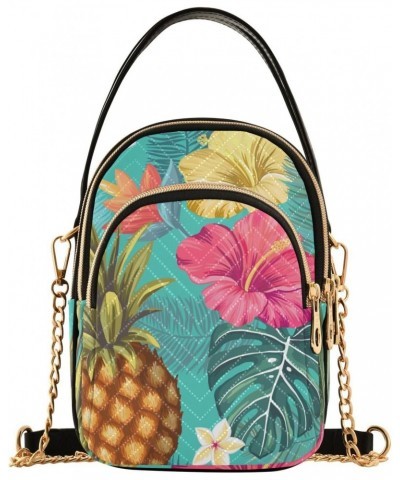 Pineapple Hibiscus Tropical Multi Pockets Crossbody Bags for Women Zip Cell Phone Purse Wallet Bag with Detachable Shoulder S...